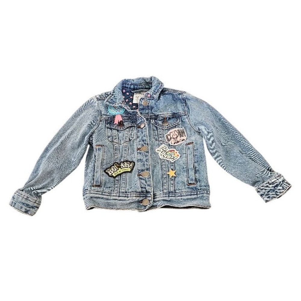 Disney Kids Light Wash Denim Jacket Toy Story Patches Polka Dot Trim Size 4